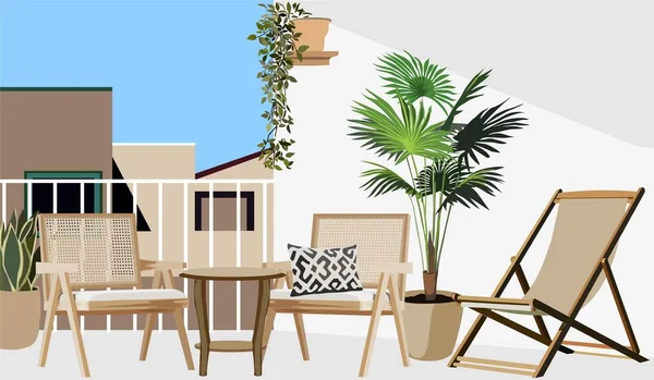 Rattan Garden Furniture Balcony Terrace Roof Pots House Plants Modern — Stockový vektor
