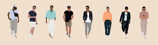 Set Different Happy Men Wearing Modern Street Style Fashion Outfit — Stock Vector
