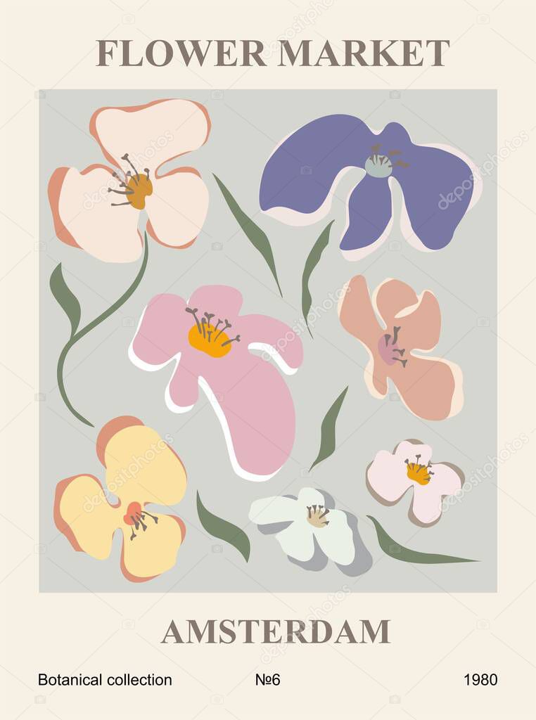 Flower market print Amsterdam. Abstract floral vector illustration. Flower market poster concept template perfect for postcards, wall art, banner etc. Retro 70s, 80s, 90s botanical design.