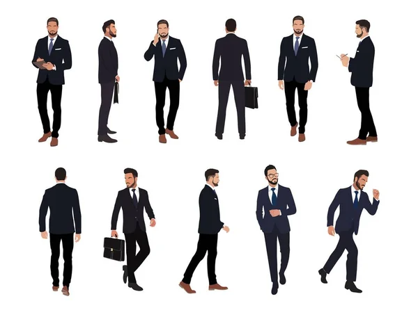 Set Businessman Character Different Poses Handsome Man Beard Wearing Formal — 图库矢量图片