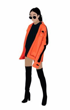 Fashion girl wearing street style trendy outfit. Modern young woman in autumn or winter clothes. Attractive female character vector realistic illustration.
