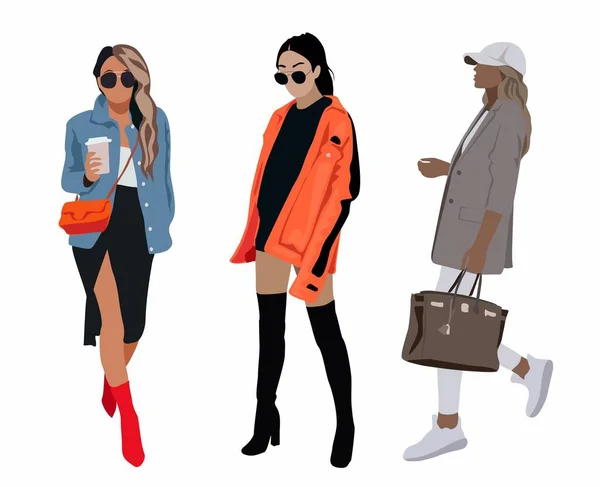 Set Different Fashion Girls Wearing Street Style Trendy Outfit Modern — Stok Vektör