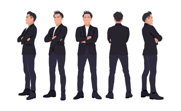 Business Man Different Poses Front Side Back View Young Asian — Wektor stockowy