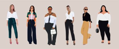 Set of different business women standing together wearing summer office outfit. Young pretty girls in trendy casual summer clothes. Female cartoon characters realistic vector art illustration isolated