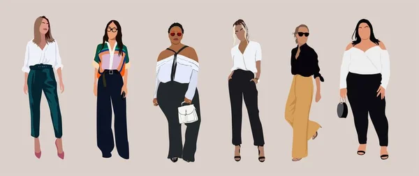 Set Different Business Women Standing Together Wearing Summer Office Outfit — Wektor stockowy