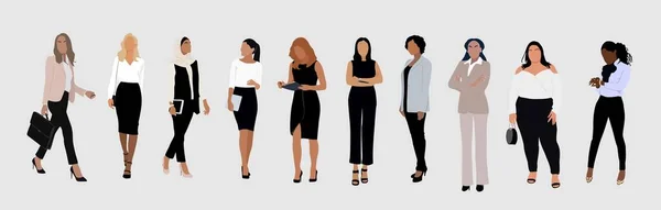 Business Women Collection Vector Illustration Diverse Multinational Standing Cartoon Women — Stock Vector
