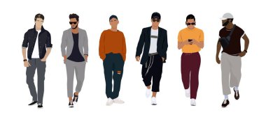 Street fashion men vector illustration. Young men wearing trendy modern street style outfit standing and walking. Cartoon style vector illustration isolated on white background.
