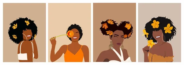 Set Different Abstract Women Portraits Afro American Black Skin Girls — Stok Vektör