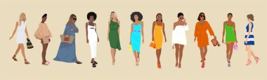 Collection of stylish young women dressed in trendy summer clothes. Set of fashionable casual street style outfits. Bundle of cute girl trendsetters. Flat cartoon colorful vector illustration.