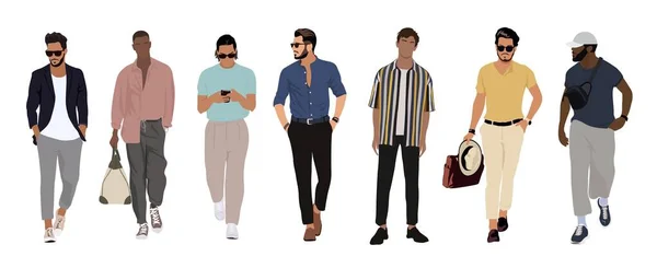 Set Multiracial Young Men Wearing Modern Clothes Stylish Men Trendy — Stok Vektör