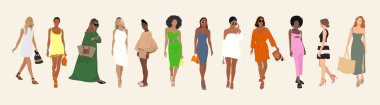 Collection of stylish young women dressed in trendy summer clothes. Set of fashionable casual street style outfits. Bundle of cute girl trendsetters. Flat cartoon colorful vector illustration.