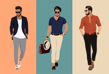 Set of fashion men in modern trendy outfits. Stylish guys with beard wearing casual summer clothes and sunglasses. Colored realistic vector illustrations of fashionable men isolated.
