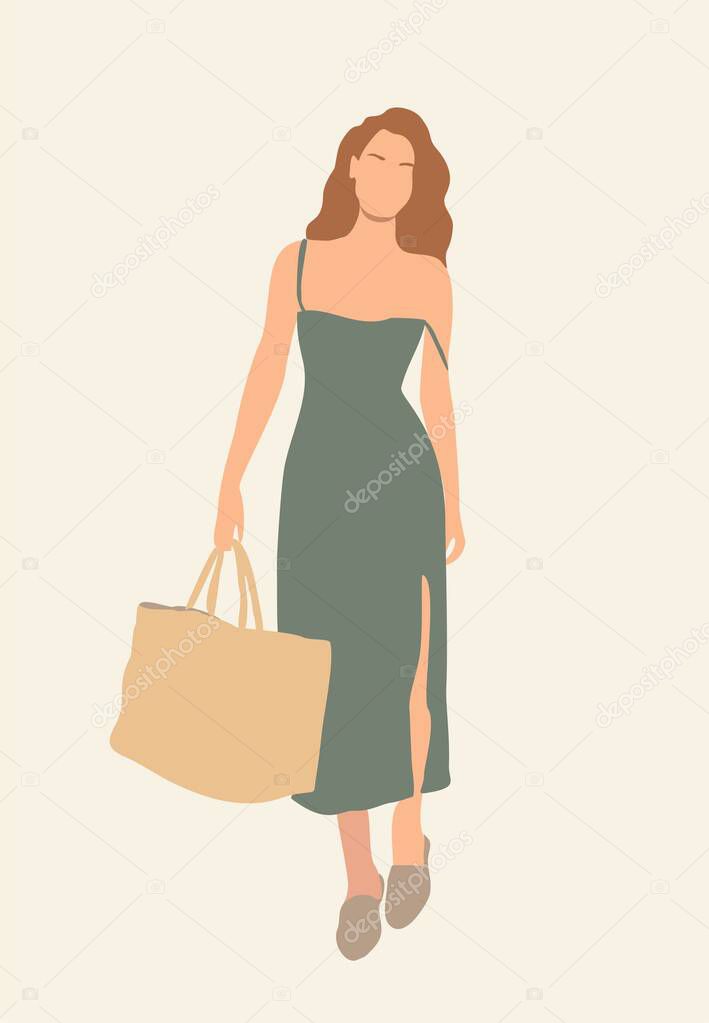 Beautiful young woman wearing modern fashionable clothes green dress with big bag . Street fashion summer outfit. Trendy casual look. Attractive girl cartoon vector illustration.