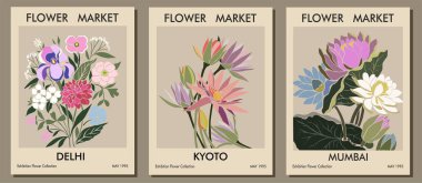 Set of abstract flower posters. Trendy botanical wall arts with floral design in danish pastel colors. Modern naive groovy funky interior decorations, paintings. Vector art illustration. clipart