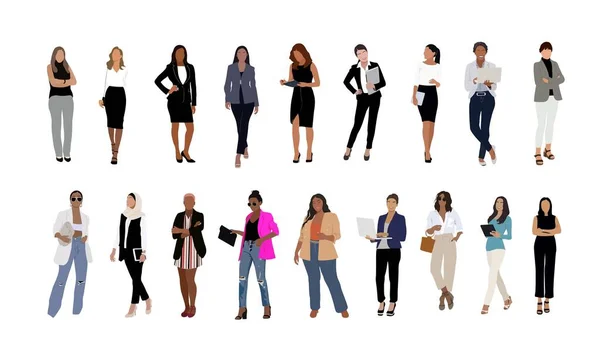 Business Women Collection Vector Realistic Illustration Diverse Multinational Standing Cartoon — Stockový vektor