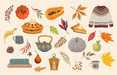 Vector set of autumn icons: falling leaves, cozy food, lantern, pumpkins, sweater. Fall season elements perfect for scrapbook, card, poster, invitation, sticker kit. Vector realistic illustration.