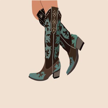 Legs in western cowboy boots and hand. Stylish decorative cowgirl boots embroidered with traditional wild west decoration. Realistic hand drawn vector illustration isolated on white background.