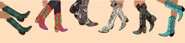 Set Legs Cowboy Boots Cowboy Girl Wears Boots Cowboy Western — Archivo Imágenes Vectoriales