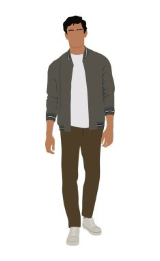Street fashion man vector art illustration. Young guy wearing trendy modern street style outfit standing. Cartoon male character vector realistic illustration isolated on white background.