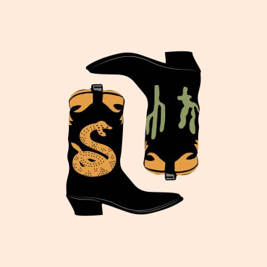 Cowboy boots. Shoe pair. Cactus and snake ornament. Fashion concept. Wild West theme. Hand drawn colored trendy Vector art illustration isolated.