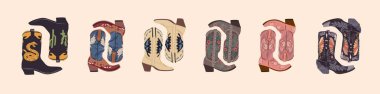 Various cowboy boots. Shoe pairs. Different ornaments. Cactus, Snake, Butterflies, Flowers. Fashion concept. Wild West theme. Hand drawn colored trendy Vector art illustrations set. All elements are isolated.