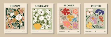 Set of abstract flower posters. Trendy botanical wall arts with floral design in earth tone colors. Modern naive groovy funky interior decorations, paintings. Vector art illustration.