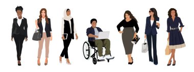 İş kadını koleksiyonu. Ofis kıyafetleri içindeki çok uluslu çizgi film kadınlarının vektör çizimi. Beyazda izole edilmiş.