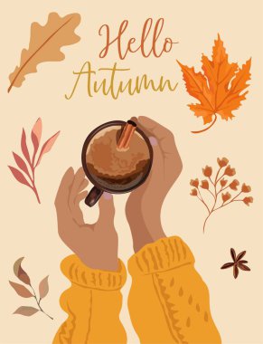Merhaba Autumn - renkli vektör el çizimi resim çizimi, kahve fincanı ve dökülen yapraklar. Tebrik kartı, poster, sosyal medya şablonu. 
