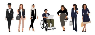 İş kadını koleksiyonu. Ofis kıyafetleri içindeki çok uluslu çizgi film kadınlarının vektör çizimi. Beyazda izole edilmiş.