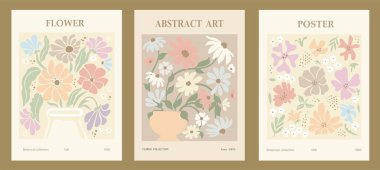 Set of abstract flower posters. Trendy botanical wall arts with floral design in danish pastel colors. Modern naive groovy funky interior decorations, paintings. Vector art illustration.