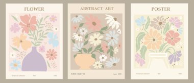 Set of abstract flower posters. Trendy botanical wall arts with floral design in danish pastel colors. Modern naive groovy funky interior decorations, paintings. Vector art illustration.