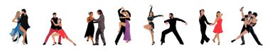 Dans Eden İnsanlar, Dansçı Bachata, Salsa, Flamenko, Tango, Latin Dansı. Farklı dans pozları veren bir grup insan. Beyaz arkaplanda izole edilmiş çizgi film biçimi düz vektör gerçekçi çizimler.