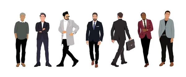 Business Men Different Poses Walking Standing Wearing Formal Suits Smart — стоковый вектор