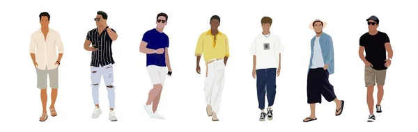 Summer Street Moda Homens Arte Vetorial Ilustração Jovens Homens Vestindo — Vetor de Stock