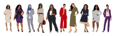 Business women collection. Vector illustration of diverse multinational standing cartoon women in formal office outfits. Isolated on white.