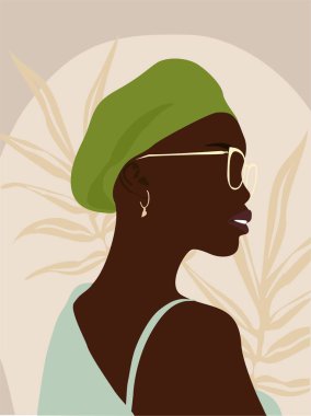 Soyut kadın portresi. Yeşil bereli ve gözlüklü Afro-Amerikalı güzel kız. Soyut tropik yaprak bohem arkaplanlı moda illüstrasyonu.