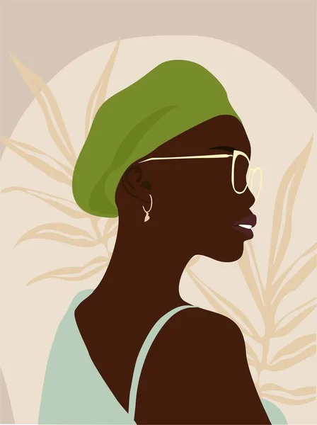 Retrato Abstracto Mujer Chica Hermosa Afroamericana Boina Verde Gafas Ilustración — Archivo Imágenes Vectoriales