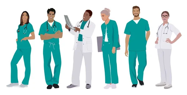Группа Медицинского Персонала Больницы Стоящая Вместе Голубой Белой Униформе Работники — стоковый вектор