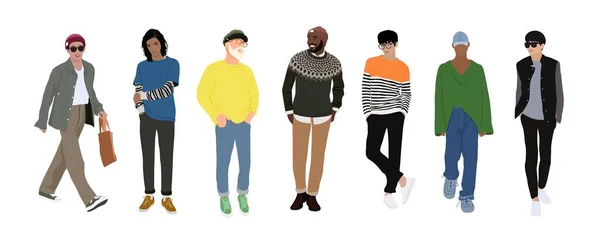 街头时尚男人矢量插图 年轻男子穿着时髦的现代街道风格的衣服站着走着 在白色背景上孤立的卡通风格矢量写实主义插图 — 图库矢量图片