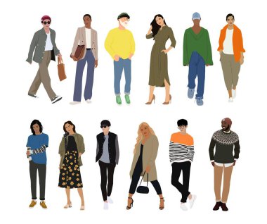 Sokak modası illüstrasyonları. Modern moda kıyafetler giyen genç insanlar, erkekler ve kadınlar. Bahar ve sonbahar şık kıyafetler. Çizgi film tarzı tasviri beyaza izole edildi.