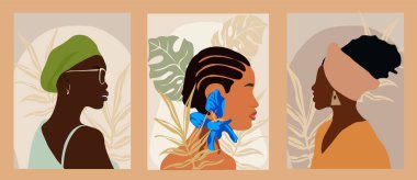 Modern Woman Wall Art collection, Abstract Female Prints, Boho Girl Wall Decor, Mid Century wallpaper design with stylish black women and tropical leaves. Vector illustrations in Earthy Tones.