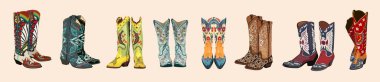 Set of various cowboy boots. Shoe pairs. Different ornaments. Fashion concept. Wild West theme. Hand drawn colored trendy Vector art illustration. All elements are isolated.