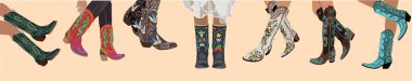 Set of legs in cowboy boots. Cowboy girl wears boots. Cowboy western theme, wild west, texas. Various cowgirl boots. Hand drawn color trendy vector illustration. All elements are isolated.