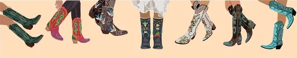 Set Legs Cowboy Boots Cowboy Girl Wears Boots Cowboy Western — стоковый вектор