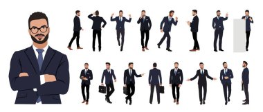 Set of Businessman character in different poses. Handsome man with beard wearing formal suit standing and walking, using phone , front, back and side view. Vector realistic illustration isolated white
