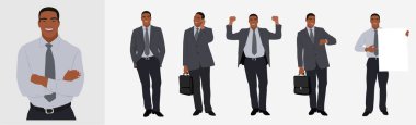 Farklı pozlarda bir dizi iş adamı karakteri. Resmi takım elbise giyen yakışıklı siyahi adam telefon, ön, arka ve yan görüş kullanıyor. Beyaz arkaplanda izole edilmiş vektör gerçekçi illüstrasyon.
