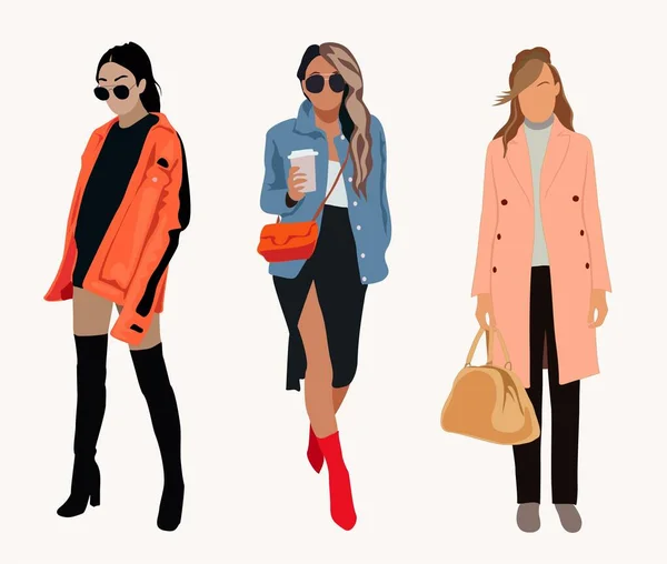 Muchachas Calle Vector Ilustración Mujeres Jóvenes Que Usan Ropa Moderna — Vector de stock