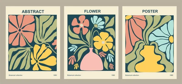 一套抽象的花卉海报 时尚的植物墙艺术 花卉设计 色彩艳丽 现代天真的时髦的室内装饰 矢量艺术说明 — 图库矢量图片