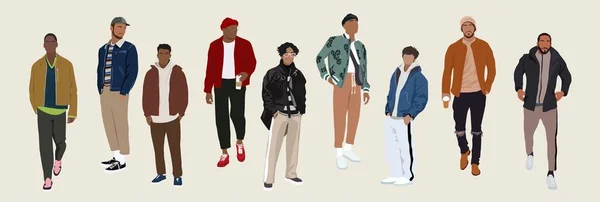 Rua Moda Homens Vetor Ilustração Realista Jovens Homens Vestindo Roupa — Vetor de Stock