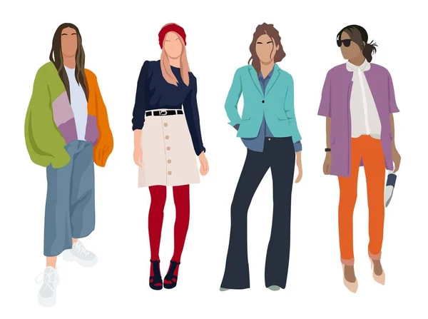 Grupo Mujeres Moda Pie Junto Ilustración Plana Vector Personajes Femeninos — Vector de stock